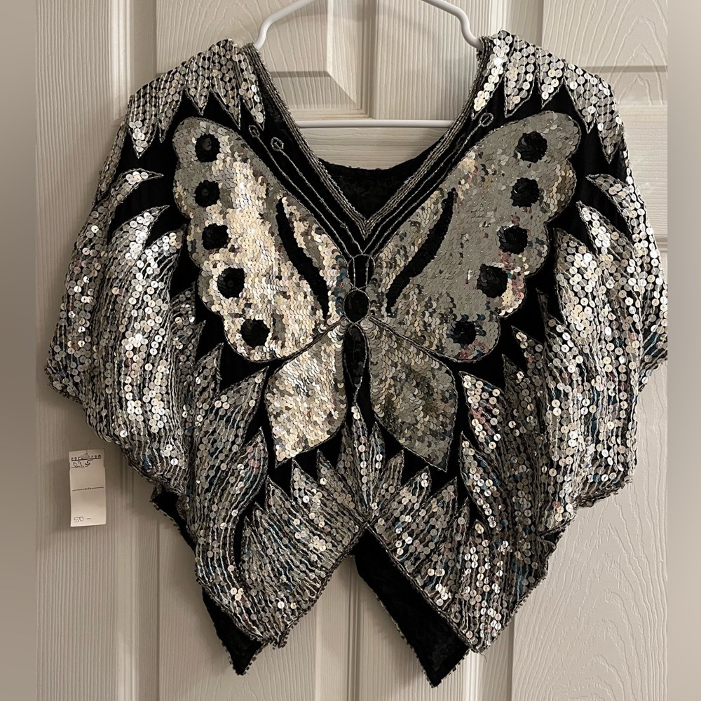 VINTAGE~SILK SEQUIN BUTTERFLY BLOUSE~26X24~ NWT